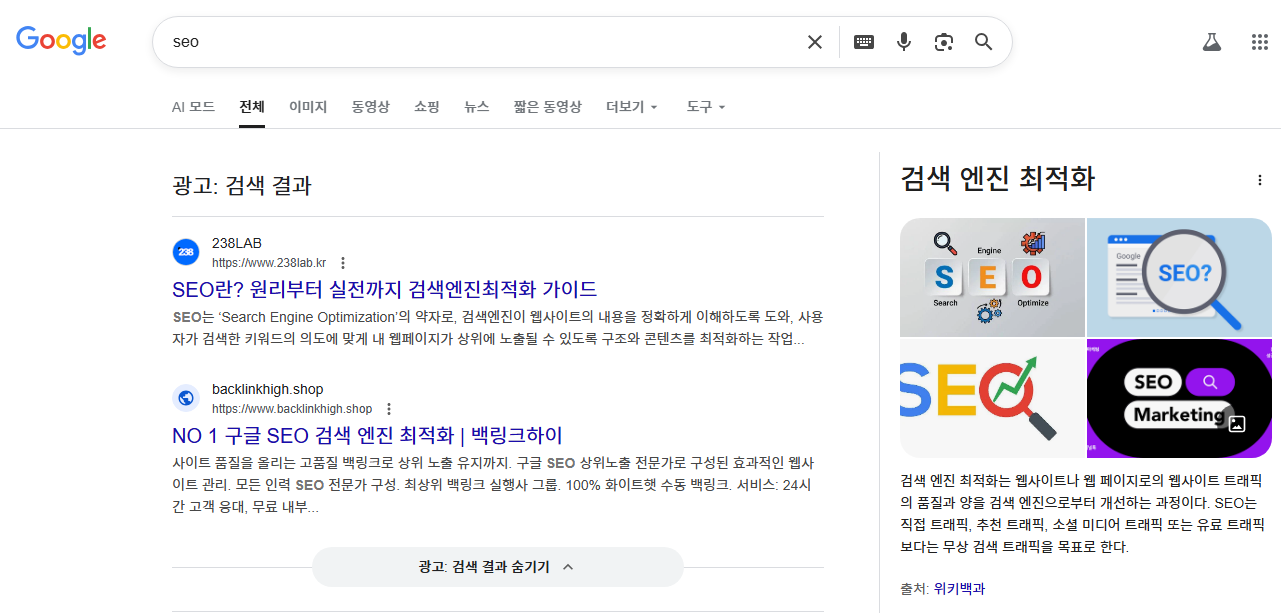 SEO 검색엔진최적화 구글검색 실제 구글 검색내용